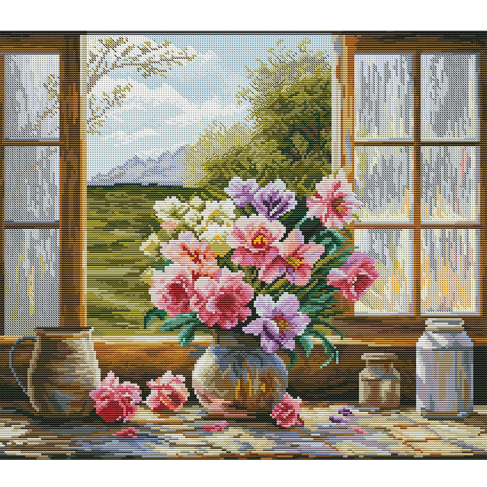 Window Vase - 14CT Stamped Cross Stitch 47*44CM(Joy Sunday)