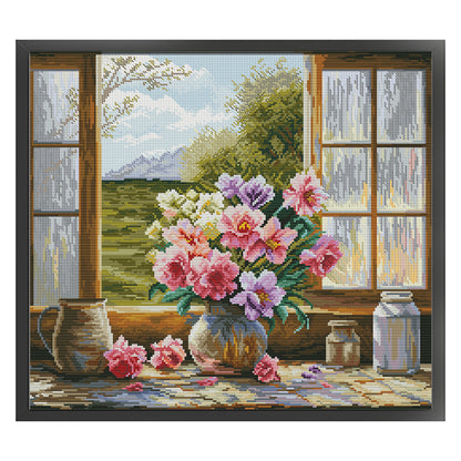 Window Vase - 14CT Stamped Cross Stitch 47*44CM(Joy Sunday)