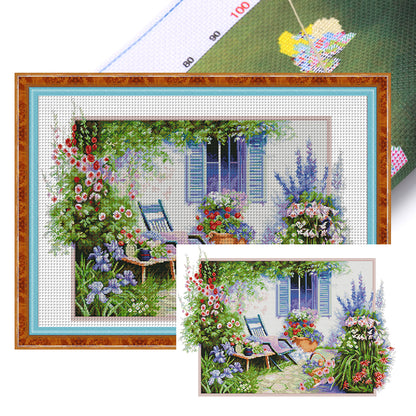 Flower-Filled Courtyard - 14CT Stamped Cross Stitch 63*45CM(Joy Sunday)