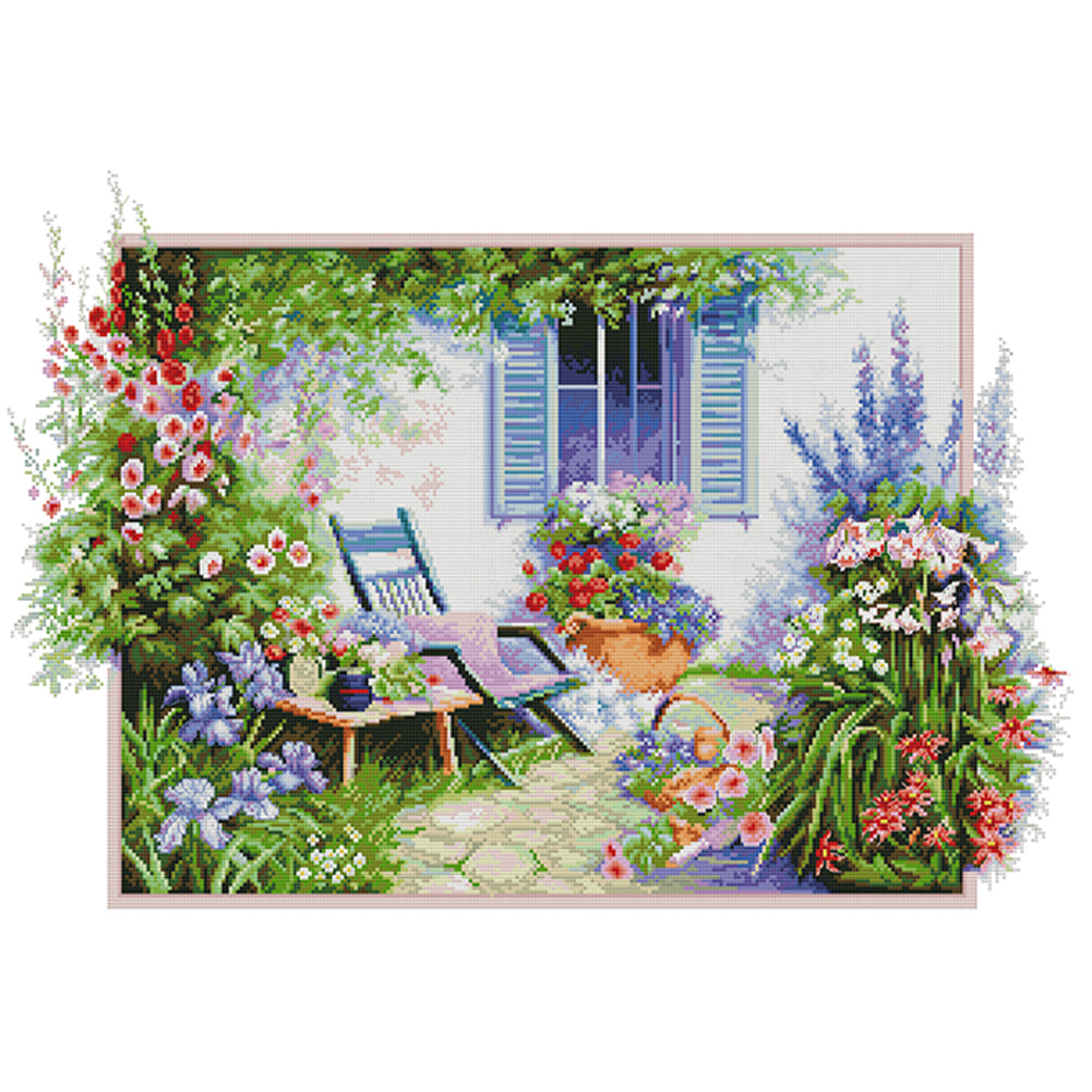 Flower-Filled Courtyard - 14CT Stamped Cross Stitch 63*45CM(Joy Sunday)