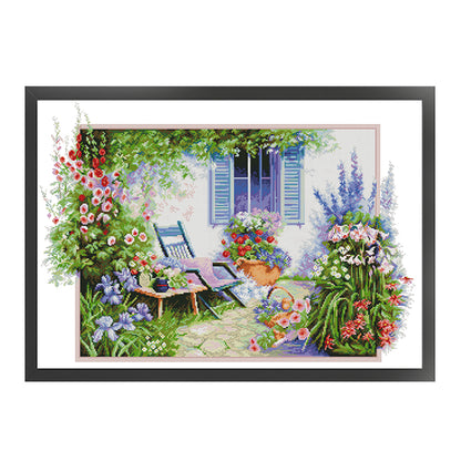 Flower-Filled Courtyard - 14CT Stamped Cross Stitch 63*45CM(Joy Sunday)