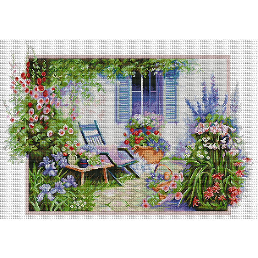 Flower-Filled Courtyard - 14CT Stamped Cross Stitch 63*45CM(Joy Sunday)