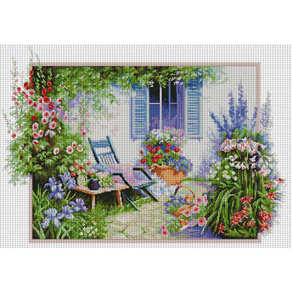 Flower-Filled Courtyard - 14CT Stamped Cross Stitch 63*45CM(Joy Sunday)