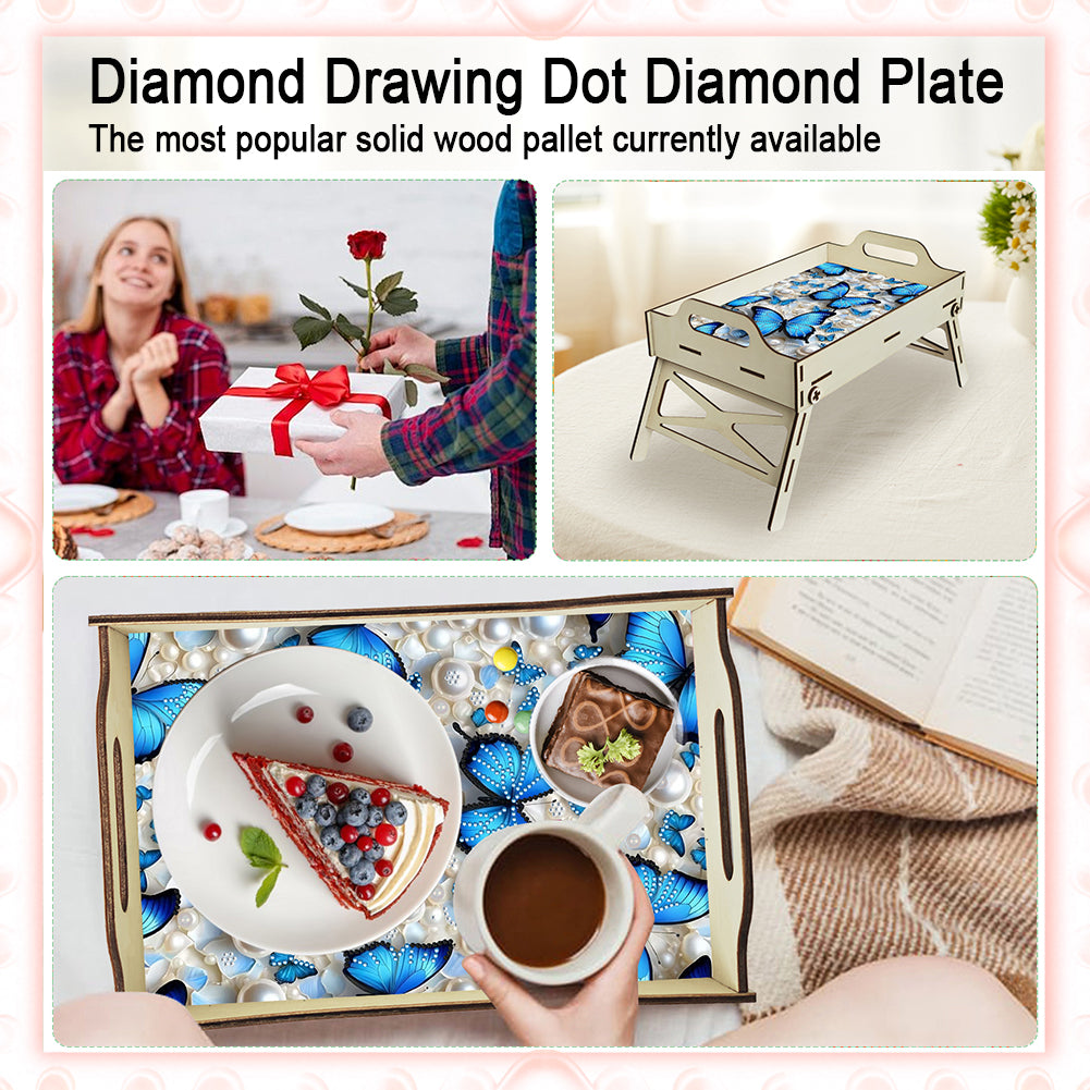 5D DIY Butterfly Diamond Painting Wooden Serving Tray with Handle for Home Decor