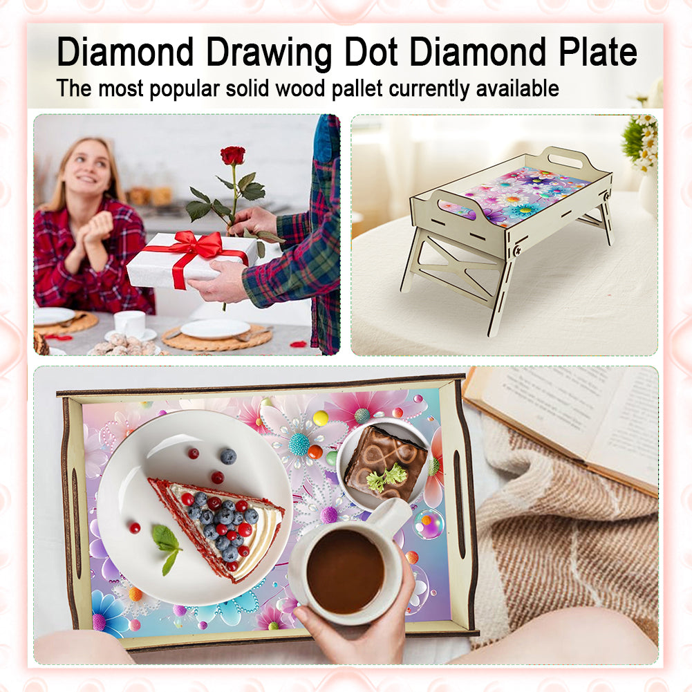 DIY Diamond Painted Dining Plate with Handle Wooden Food Tray Home Decor Gift