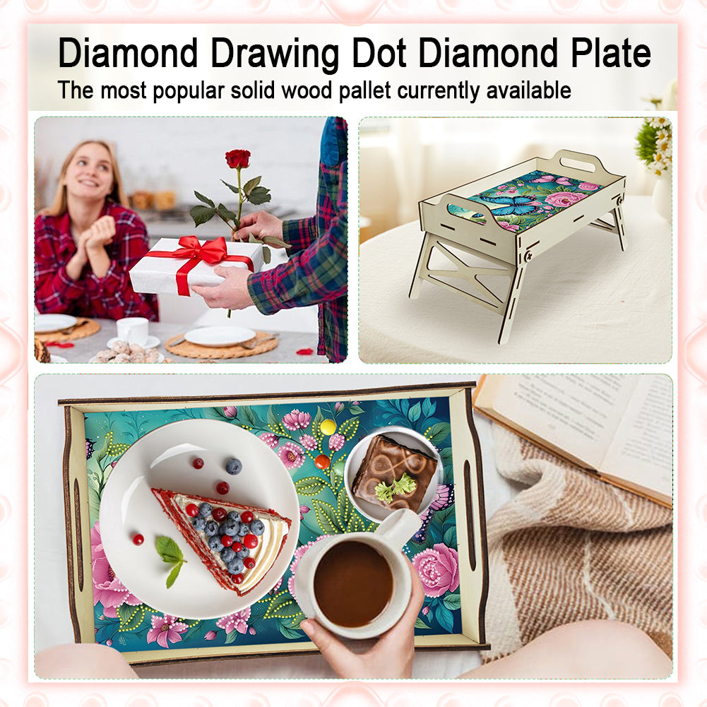DIY Diamond Painted Dining Plate with Handle Wooden Food Tray Home Decor Gift