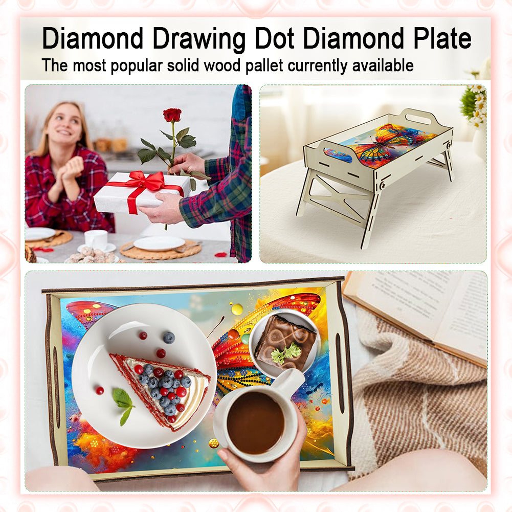 DIY Diamond Painted Dining Plate with Handle Wooden Food Tray Home Decor Gift