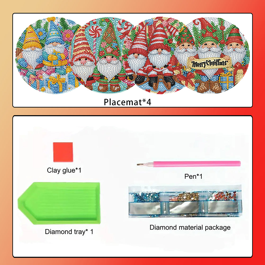 4 PCS Christmas Gnome Diamond Painting Placemat Kit for Home Kitchen Parties