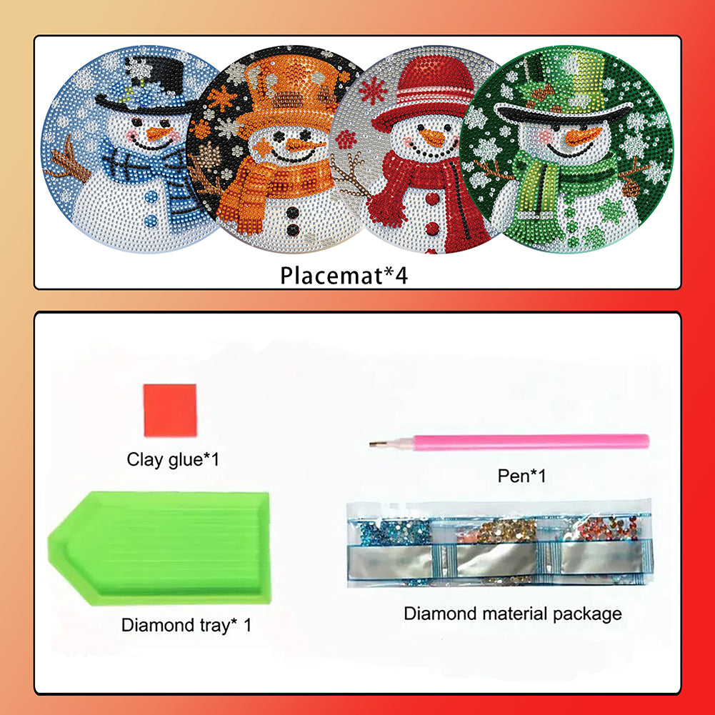 4 PCS Christmas Snowman Diamond Painting Placemat Kit for Home Kitchen Parties
