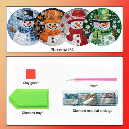 4 PCS Christmas Snowman Diamond Painting Placemat Kit for Home Kitchen Parties