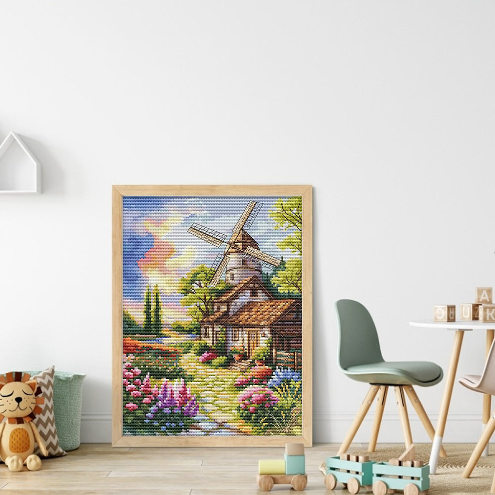 Windmill And Cottage 1 - 14CT Stamped Cross Stitch 30*40CM(Fairy Brand)