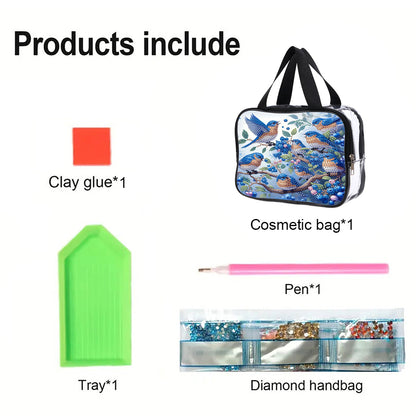 DIY Bluebird Diamond Painting Bling Rhinestone Makeup Bag Large Storage Bag