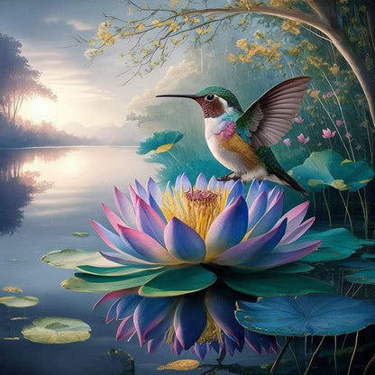 Hummingbird And Lotus - Full Round Drill Diamond Painting 30*30CM