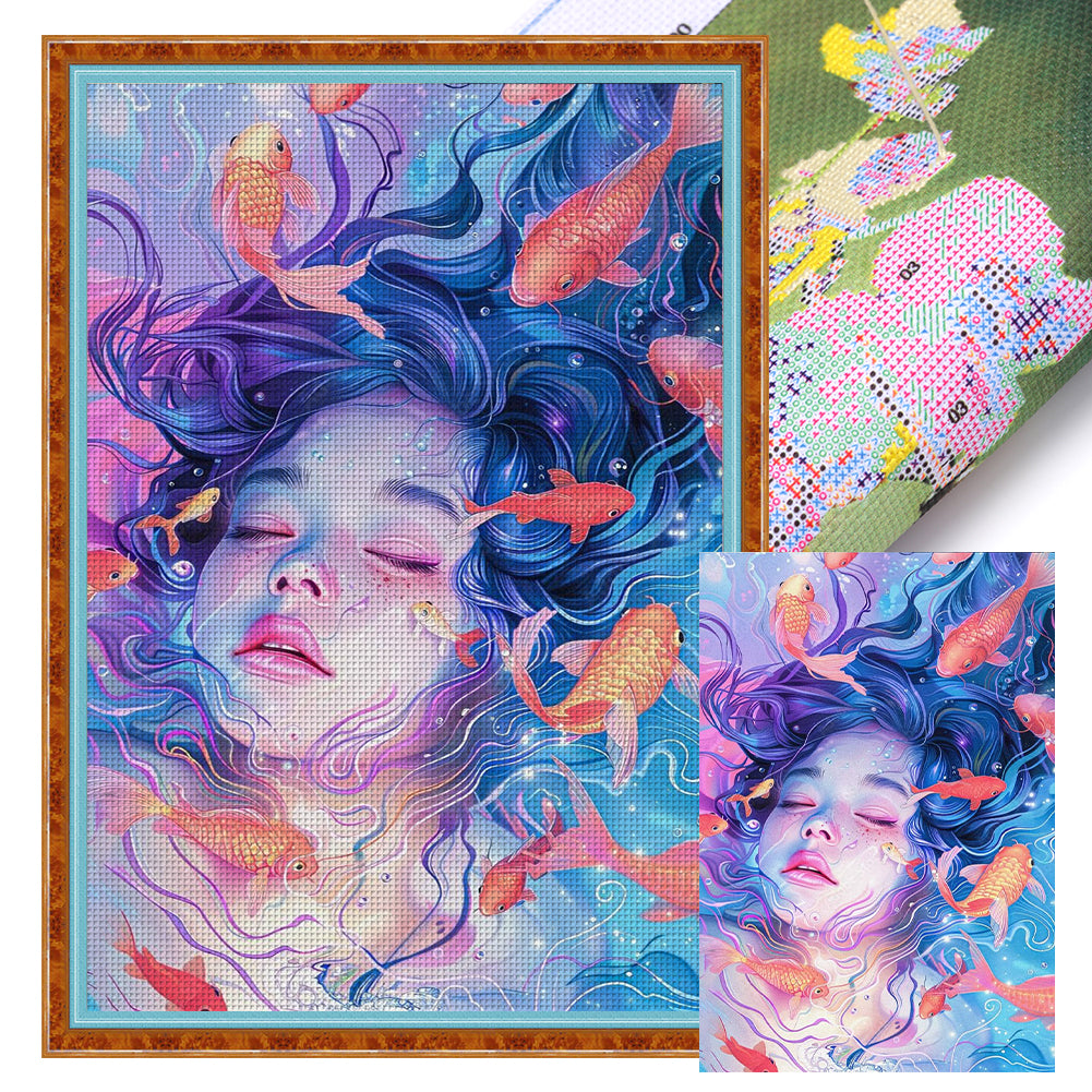 Goldfish Girl - 11CT Stamped Cross Stitch 40*60CM