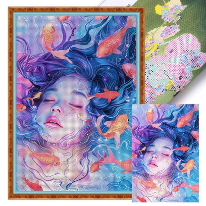 Goldfish Girl - 11CT Stamped Cross Stitch 40*60CM