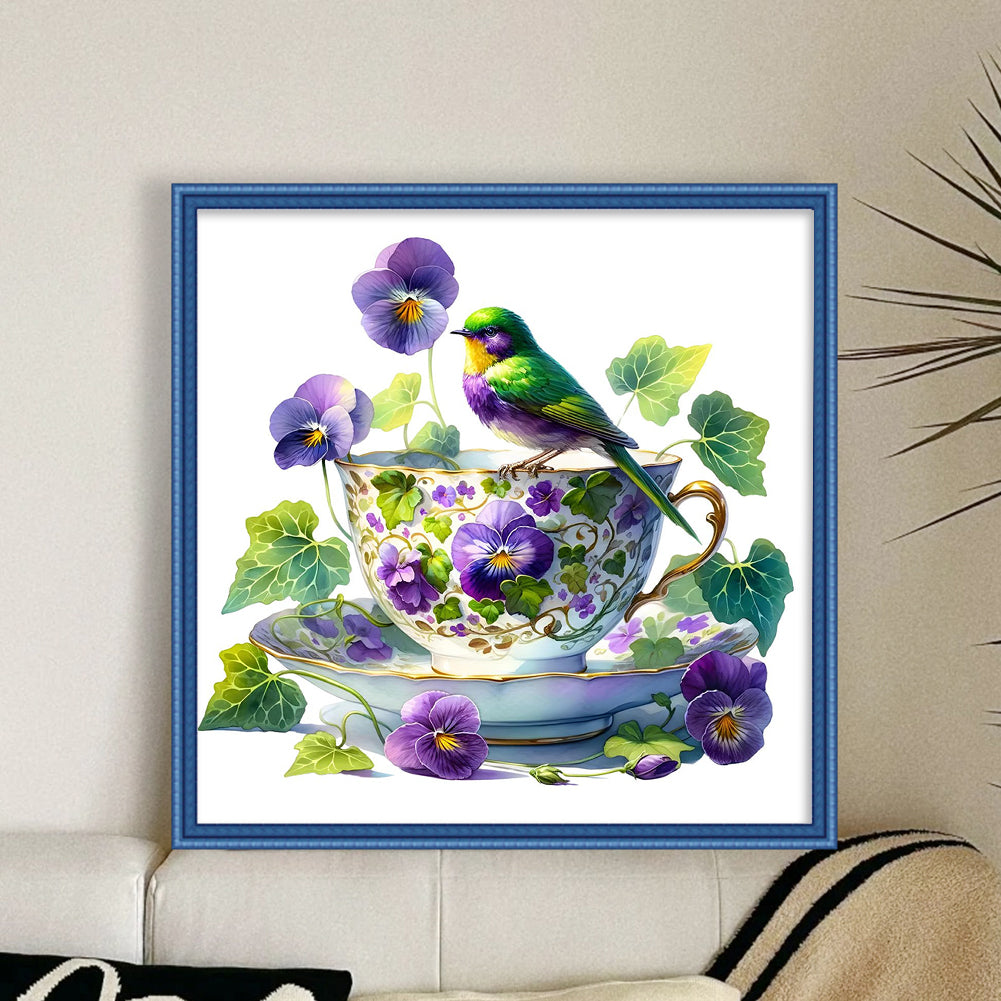 Pansy Bird Teacup - 14CT Counted Cross Stitch 40*40CM