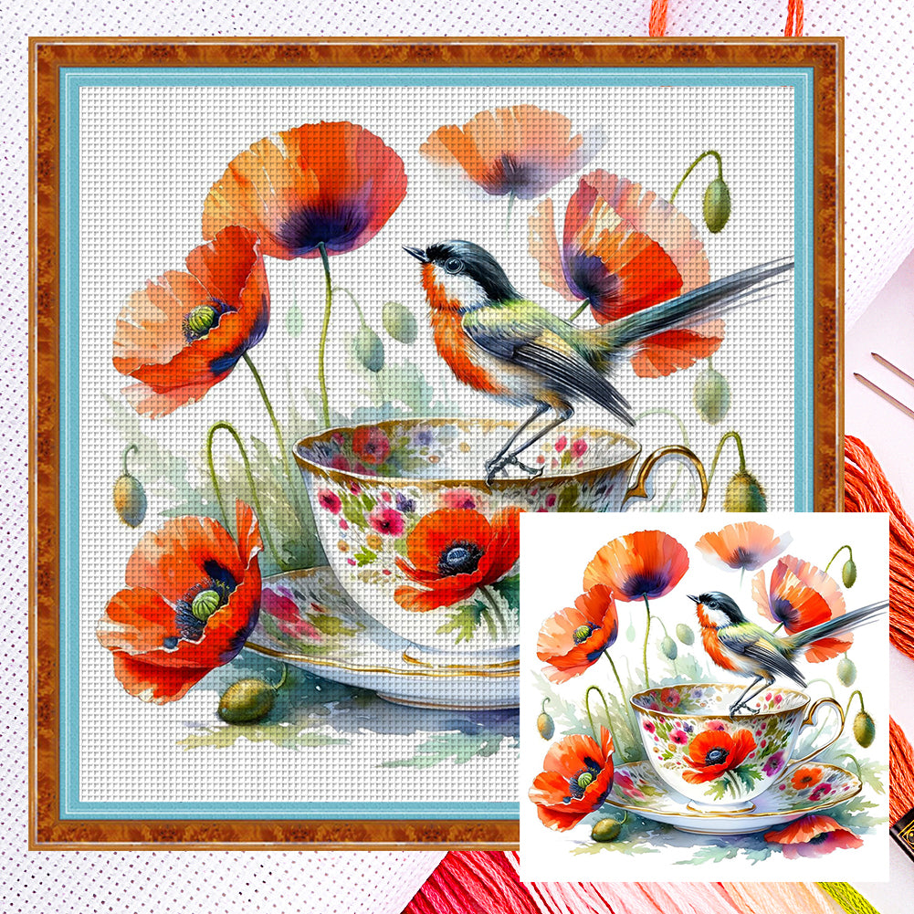 Poppy Bird Teacup - 14CT Counted Cross Stitch 40*40CM