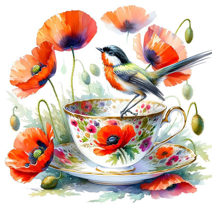 Poppy Bird Teacup - 14CT Counted Cross Stitch 40*40CM