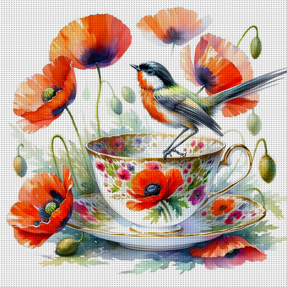 Poppy Bird Teacup - 14CT Counted Cross Stitch 40*40CM
