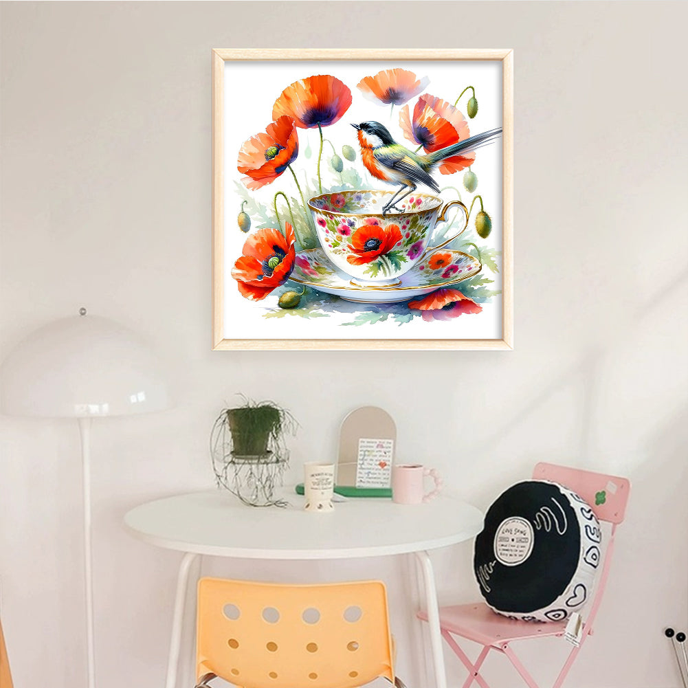 Poppy Bird Teacup - 14CT Counted Cross Stitch 40*40CM