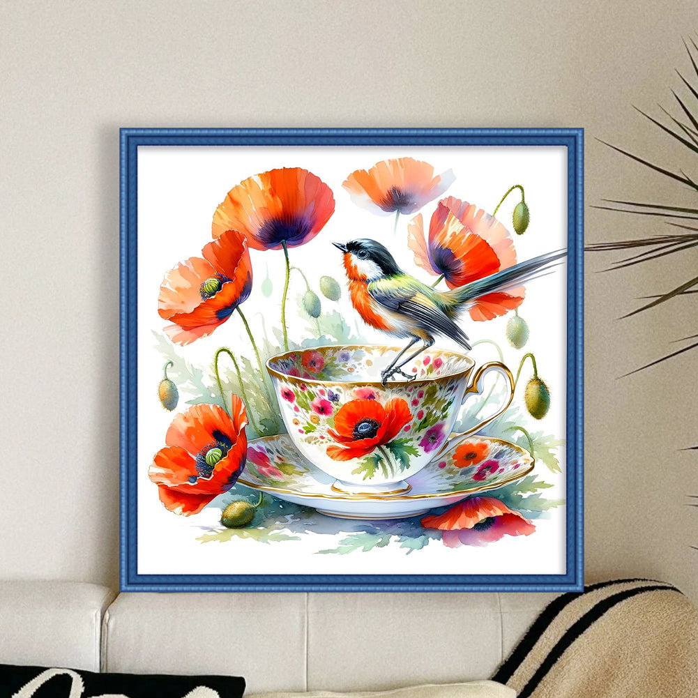Poppy Bird Teacup - 14CT Counted Cross Stitch 40*40CM