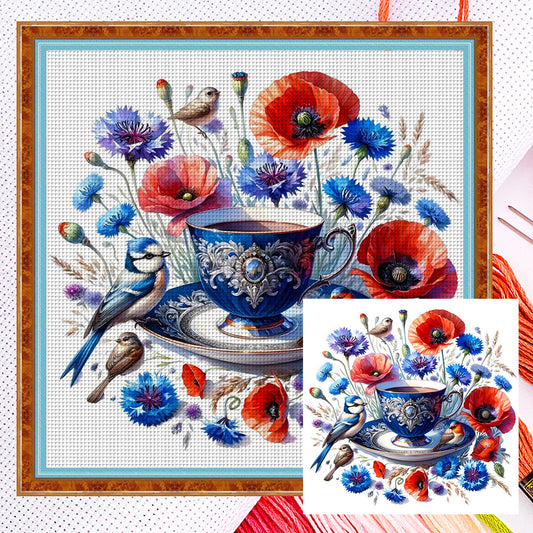 Poppy Bird Teacup - 14CT Counted Cross Stitch 40*40CM