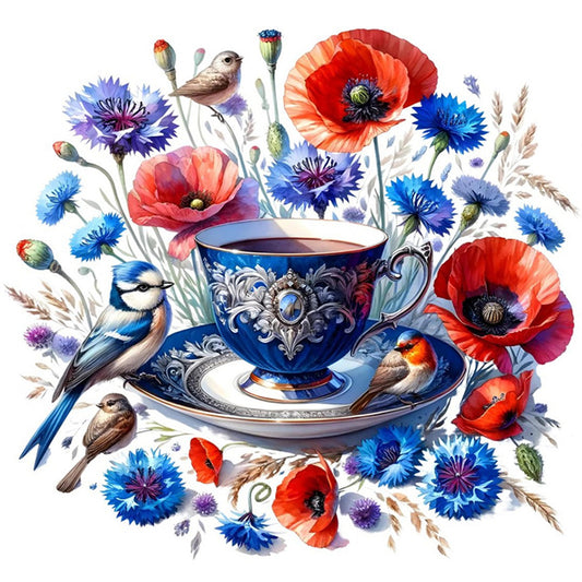 Poppy Bird Teacup - 14CT Counted Cross Stitch 40*40CM