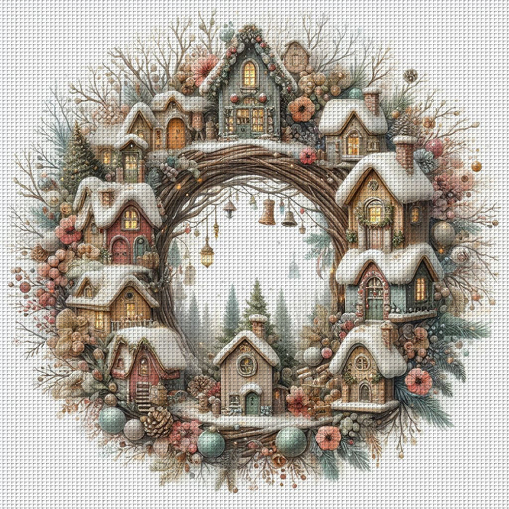 Winter Cottage Wreath - 14CT Counted Cross Stitch 40*40CM
