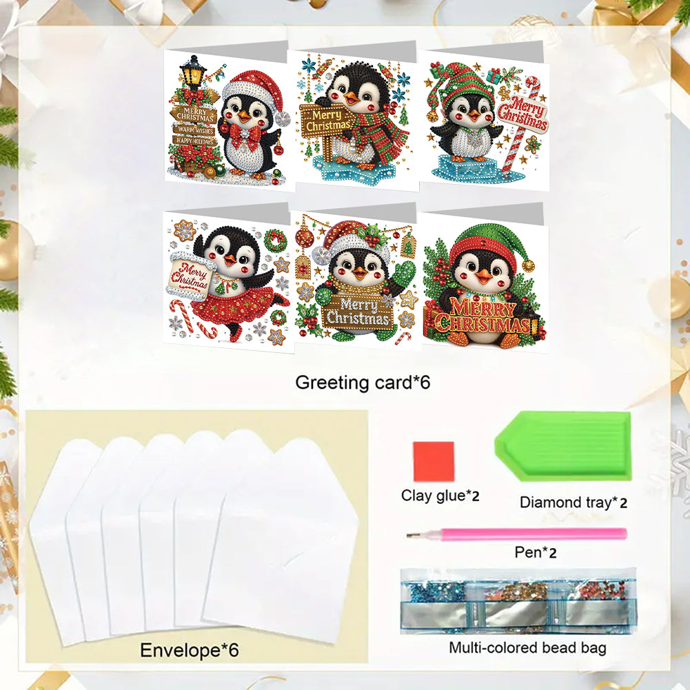 6PCS DIY Diamond Art Greeting Cards Christmas Penguin Congratulations Cards Gift