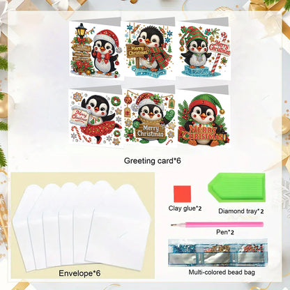 6PCS DIY Diamond Art Greeting Cards Christmas Penguin Congratulations Cards Gift