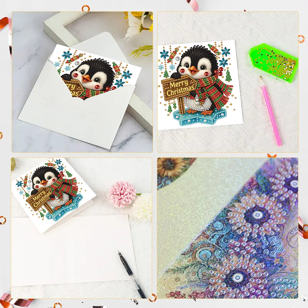 6PCS DIY Diamond Art Greeting Cards Christmas Penguin Congratulations Cards Gift