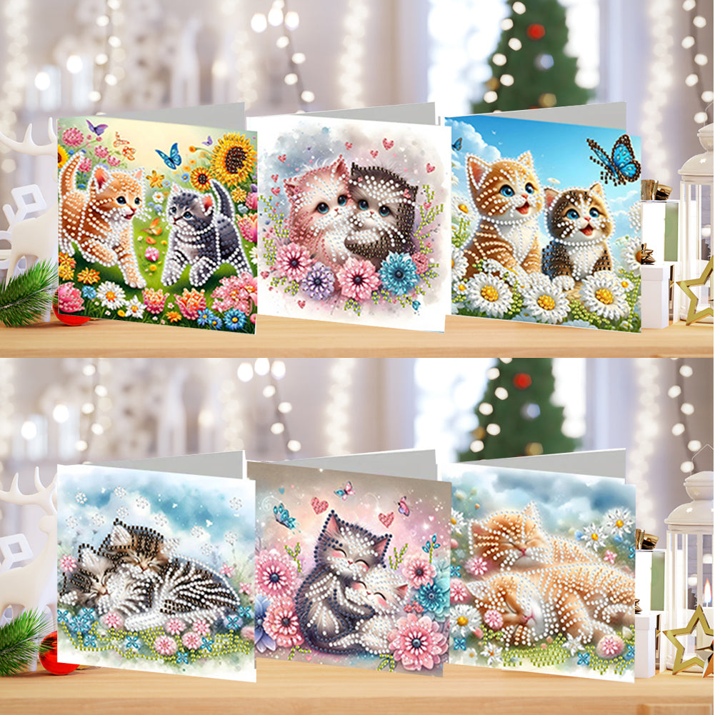 6PCS DIY Diamond Art Greeting Cards Cat Designs Congratulations Cards & Gifts