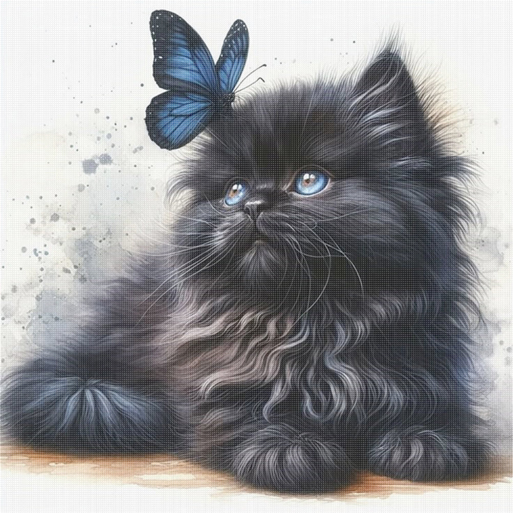 Butterfly And Black Cat - 18CT Stamped Cross Stitch 25*25CM