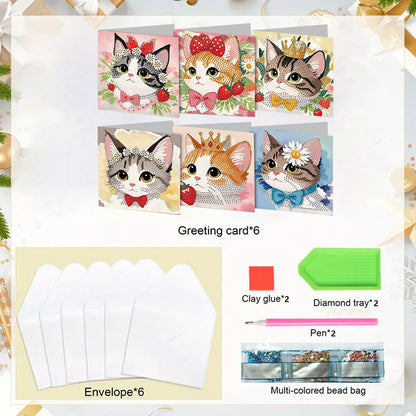 6PCS DIY Diamond Art Greeting Cards Cat Theme Congratulations Cards & Gifts