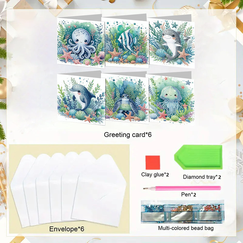 6PCS DIY Diamond Art Greeting Cards Ocean Theme Congratulations Cards & Gifts