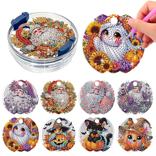 8pcs Christmas Halloween DIY Diamond Art Cup Lid Accessories Tumbler Lid Plate