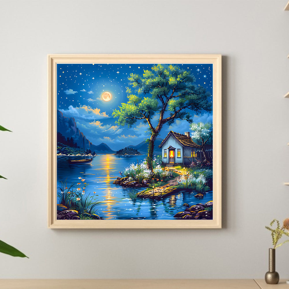 Lakeside Cabin At Night - Full Round Drill Diamond Painting 40*40CM