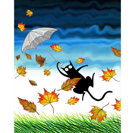 Falling Leaves, Black Cat - Full Round Drill Diamond Painting 40*50CM