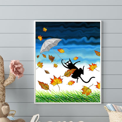 Fallen Leaves And Black Cat - Full Round Drill Diamond Painting 40*50CM