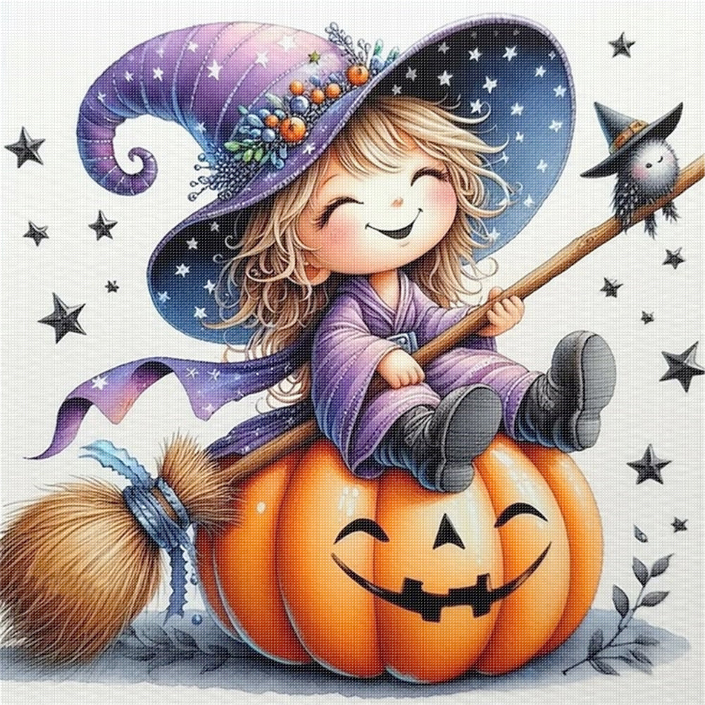 Halloween Witch And Pumpkin - 11CT Stamped Cross Stitch 40*40CM