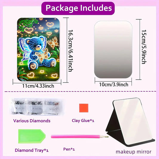 DIY Diamond Art Shiny Crystal Mirror Lightweight Standing Makeup Mirror (Bear)