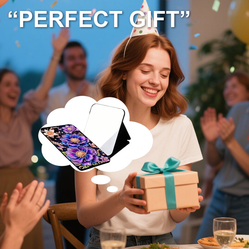 DIY Diamond Art Shiny Crystal Mirror Lightweight Standing Makeup Mirror (Flower)