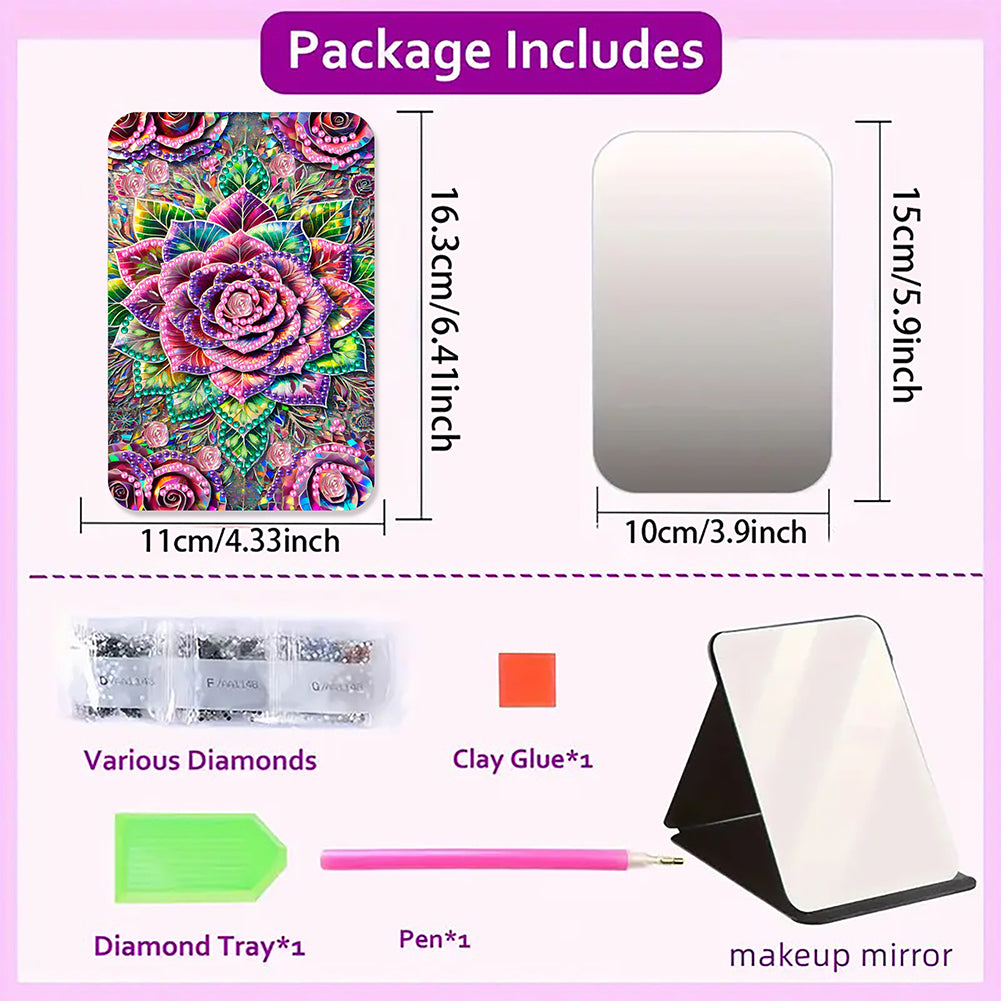 DIY Diamond Art Shiny Crystal Mirror Lightweight Standing Makeup Mirror (Rose)