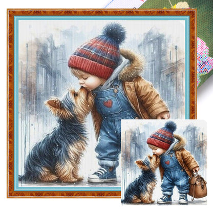 Boy And Puppy - 11CT Stamped Cross Stitch 40*40CM