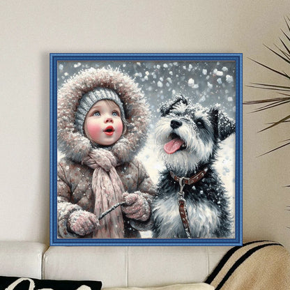 Girl And Puppy - 11CT Stamped Cross Stitch 40*40CM