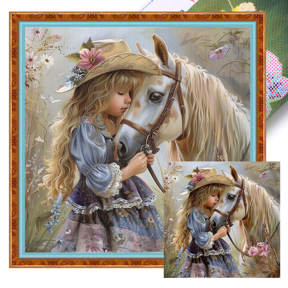Girl And White Horse - 11CT Stamped Cross Stitch 40*40CM
