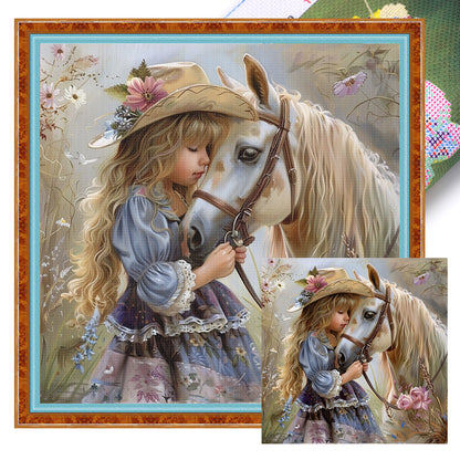 Girl And White Horse - 11CT Stamped Cross Stitch 40*40CM