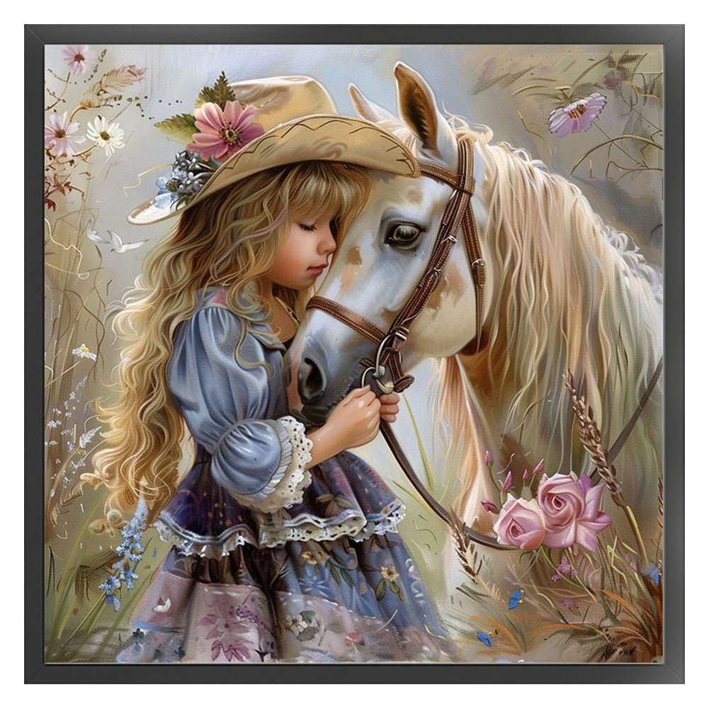 Girl And White Horse - 11CT Stamped Cross Stitch 40*40CM