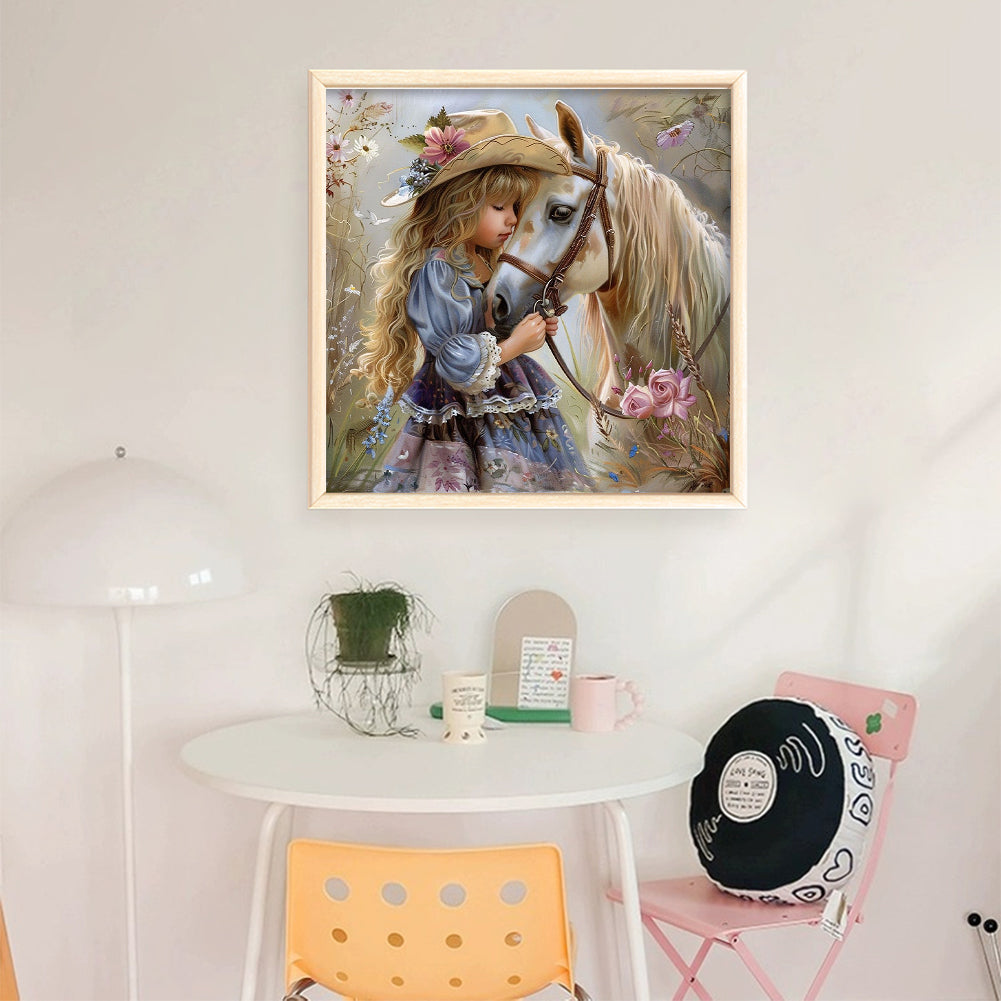 Girl And White Horse - 11CT Stamped Cross Stitch 40*40CM