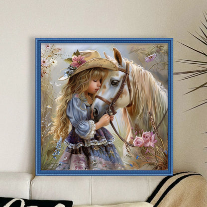 Girl And White Horse - 11CT Stamped Cross Stitch 40*40CM